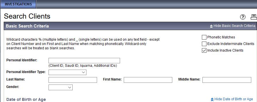 Search Client screen will display.