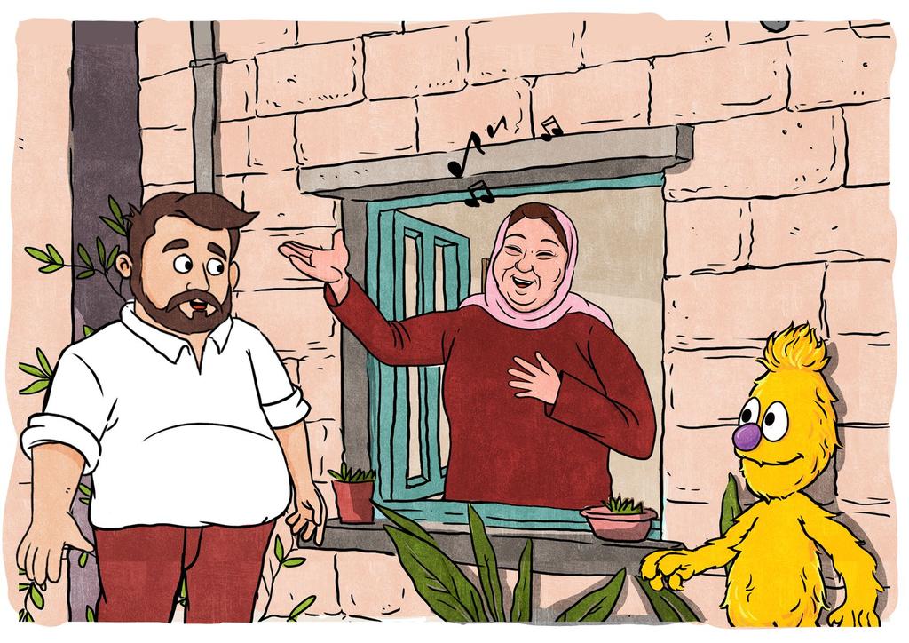 تاب ع جاد و هادي الس ي ر ح ت ى و ص لوا إ لى م ن زل تيتا نور. كان ت تيتا نور ت ن ظ ر م ن ناف ذ ت ها و ت غ ن ي ب ص و ت ج ميل.