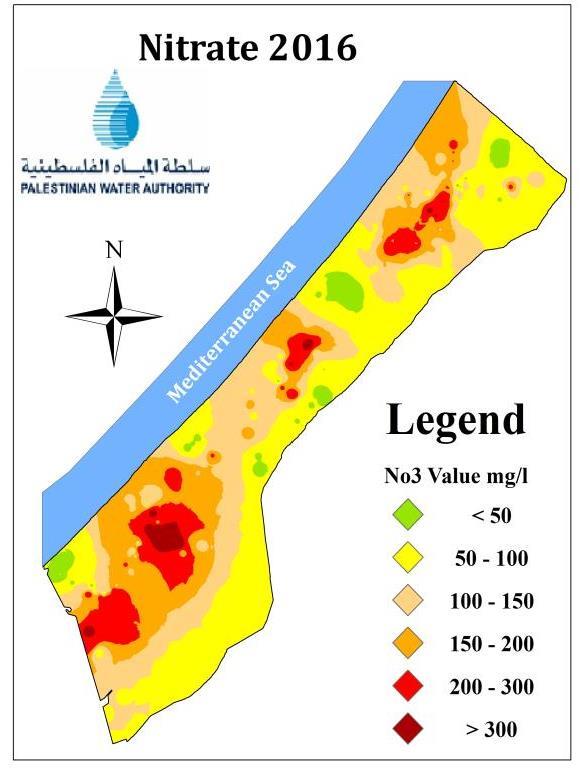 - Figure (2.1): Nitrate contour map in the Gaza Strip, Palestine, 2016 (PWA, 2016) 2.2.4.