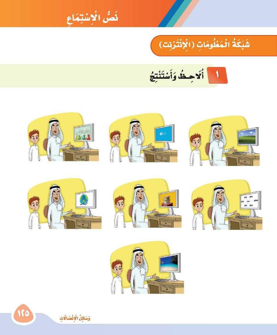 أحمد يسأل والده : ما معني كلمة انترنت الولد يجلس خلف شاشة الحاسوب وأحمد يستأذن ويدخل الوالد : )االنترنت(يا أحمد كلمة أجنبية تعني الشبكة العالمية وهي عبارة عن عشرات الماليين من أجهزة الحاسوب تتصل مع