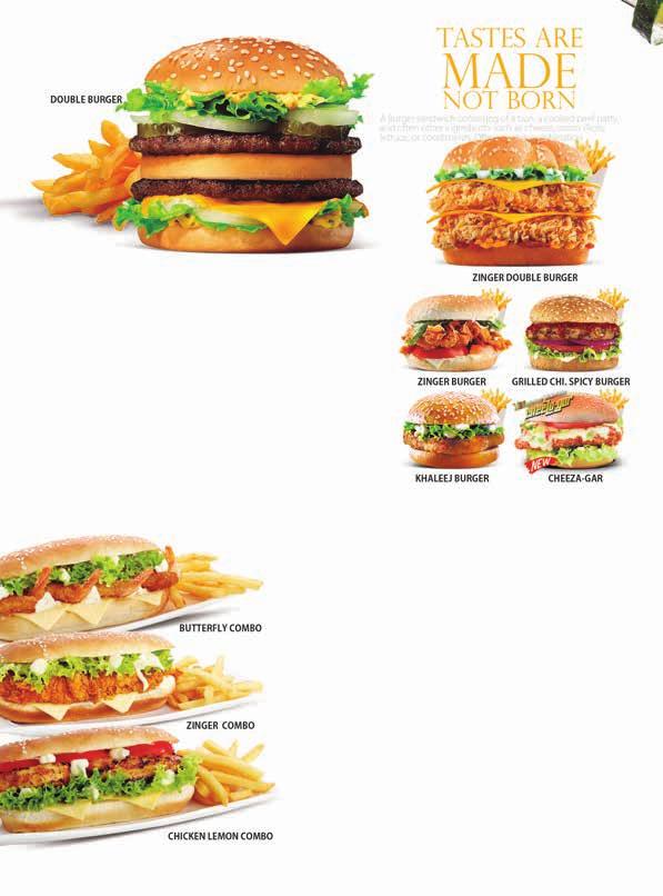 Prawns Combo Chicken Lemon Combo SPECIAL BURGER 344. Grilled Burger (Chi./Beef) 345. Chicken Cheezager 346. Zinker Double Burger 347. Prawn Burger 348. Dubai Burger 349. Double Burger 350.