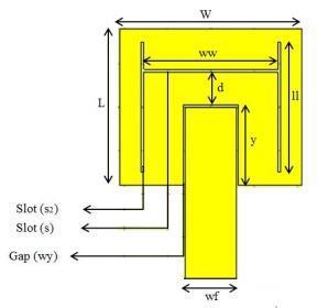 Figure (3.6): Slotted single element dual-band (28/38GHz) antenna. Table (3.1): Parameters of the single patch antenna # Parameter Dimension (mm) 1 W 4.18 2 L 3.6 3 ww 3.2 4 ll 3 5 y 1.8 6 wy 0.