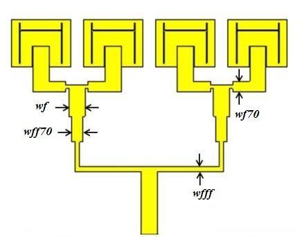 Figure (3.18): Four-Element antenna array structure. Table (3.3): Parameters of distribution networkfor four-element array. # Parameter Dimension (mm) 1 wf 1.179 2 wf70 0.8 3 wff70 0.8 4 wfff 0.35 3.