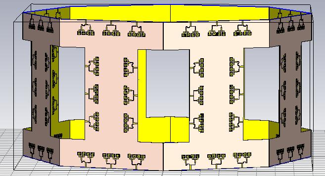 8): Three dimensional view of the base station Each side of the base station has twelve 4-element antenna arrays where the three designs of 4-element antenna have been used (without