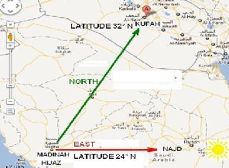 Explanation When we look at the geographical position of Najd, it lies to the East of Madinah.