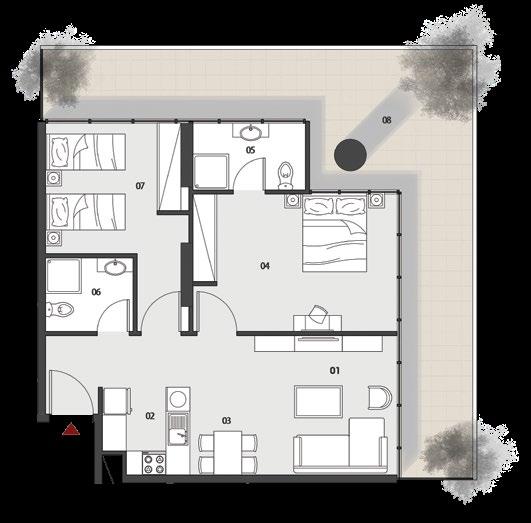 6 m2 06 BATHROOM 1.8 x 2.2 m2 07 BEDROOM 3.2 x 3.4 m2 08 BALCONY ARIABLE All drawings and dimensions are approximates. Drawings are not to scale and are subjects to change without notice.