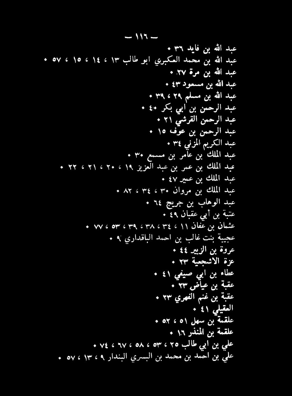 ةبقع نب منغ يرهفلا 0 م ٠ ةمقلع نب لهس ه ١ هر. ٠ ىليقعلا ٠ بلاغ نب دبع كلملا نب رمع نب دبع زيزعلا 25١ دبع كلملا نب رماع نب عمسسم م ٠ ٠ نمحرلا نب فوع ٠ ١9 55.