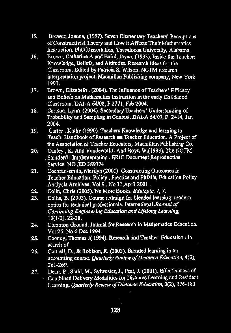 15. 16. 17 18. 19. 20. 21. 22. 23, 2d. 25. 26, 27, Brewer, Joanna, (1997). Seven Elementary Teachers Perceptions of Constructivist Theory and How it Affects Their Mathematics Instruction.