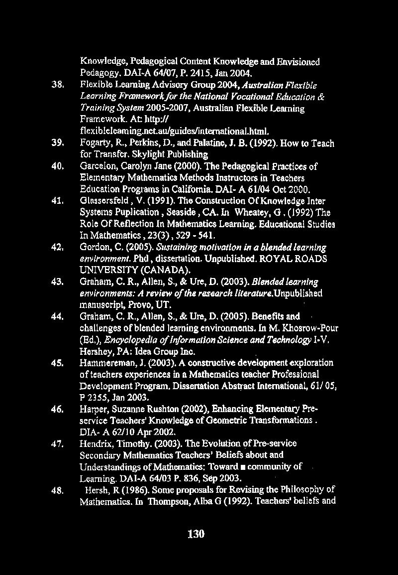 38, 39, 40. 41. 42, 43, 44, 45. 46. 47, 48. Knowledge, Pedagogical Content Knowledge and Envisioned Pedagogy. DAI-A 64/07, P. 2415, Jan 2004.