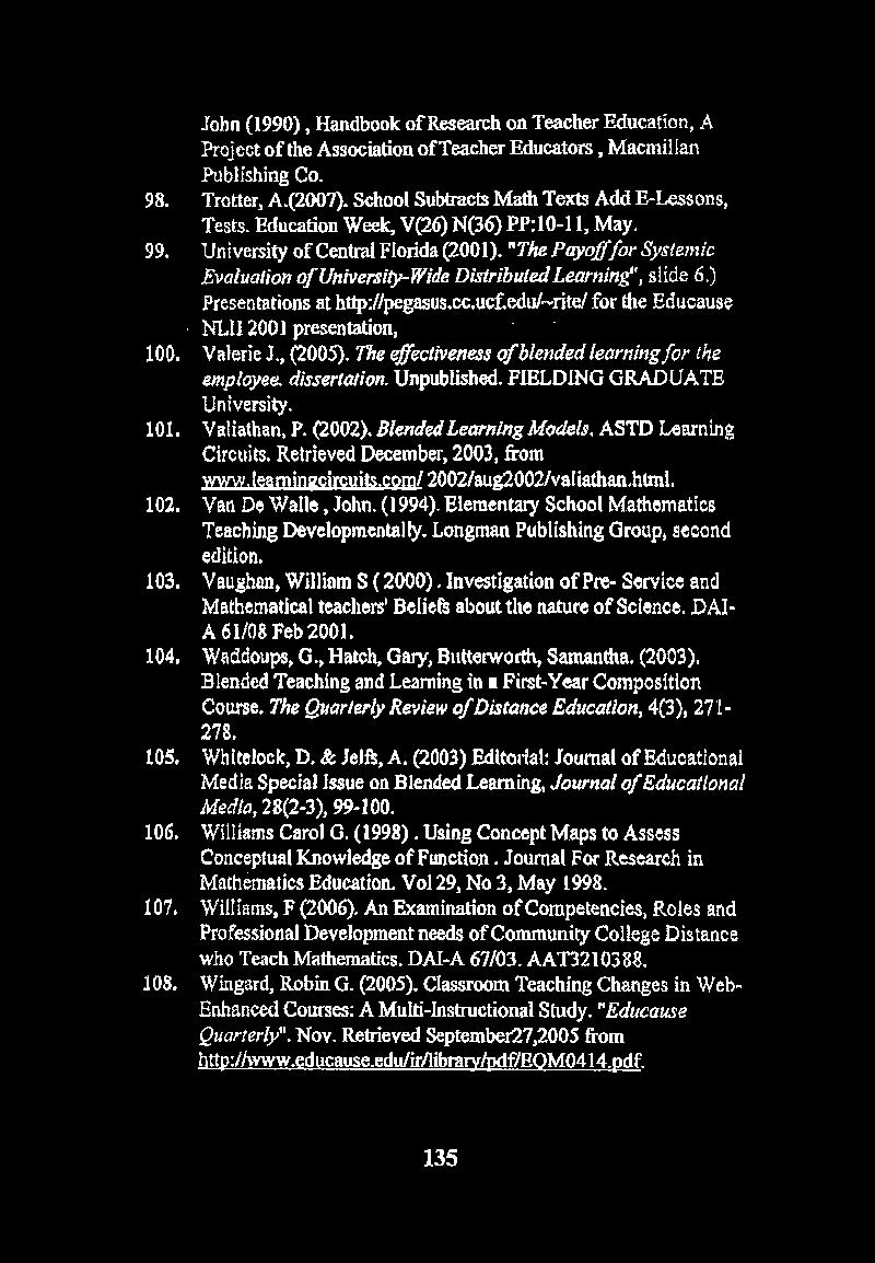 98. 99. 100. 101. 102. 103. 104, 105, 106. 107. 108. John (1990), Handbook of Research on Teacher Education, A Project of the Association of Teacher Educators, Macmillan Publishing Co. Trotter, A.