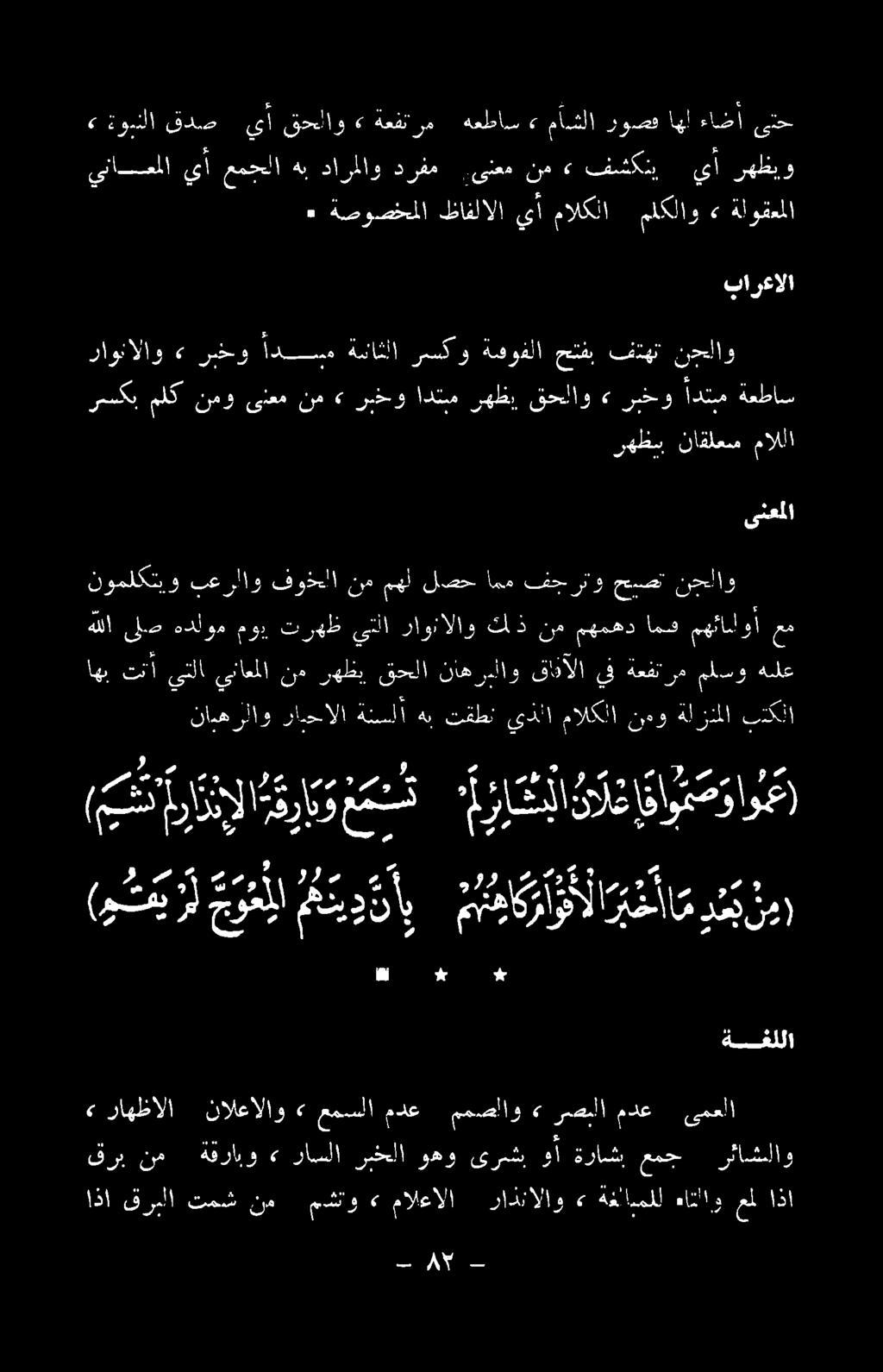 ةصوصخملا ظافلالا يأ مالكلا ملكلاو» ةلوقعملا 3 ةودنلا قدص يأ قحلاو 6 ةعفنأ رم ةقفطاس 1 6 روصف اهل ءادخا ىنح ناهرلاو راحالا ةيسلا هب 2 4 5 يدلا مالكلا نهو ةلزنملا بتكلا اهب تنا يتلا يناعملا نه رهظب