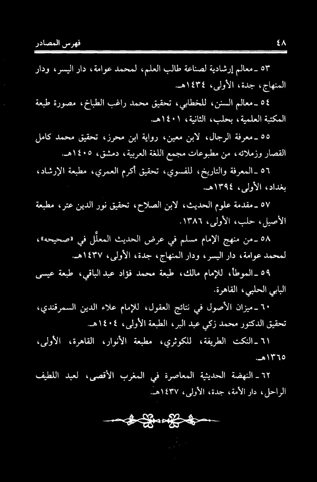 يبلحلا يبابلا یسیع ةعبط «يقابلا دبع داف دمحم ةعبط كلام مامإلل ءأطوملا_ 4.ه ۱۳۷ «یلوألا ةدج «جاهنملا رادو «رسیلا راد ةماوع دمحمل «اهحیحص) يف اتنا ثيدحلا ضرع يف ملسم مامالا جهنم نم- ۸ ۰۱۳۸۲ یلوألا.