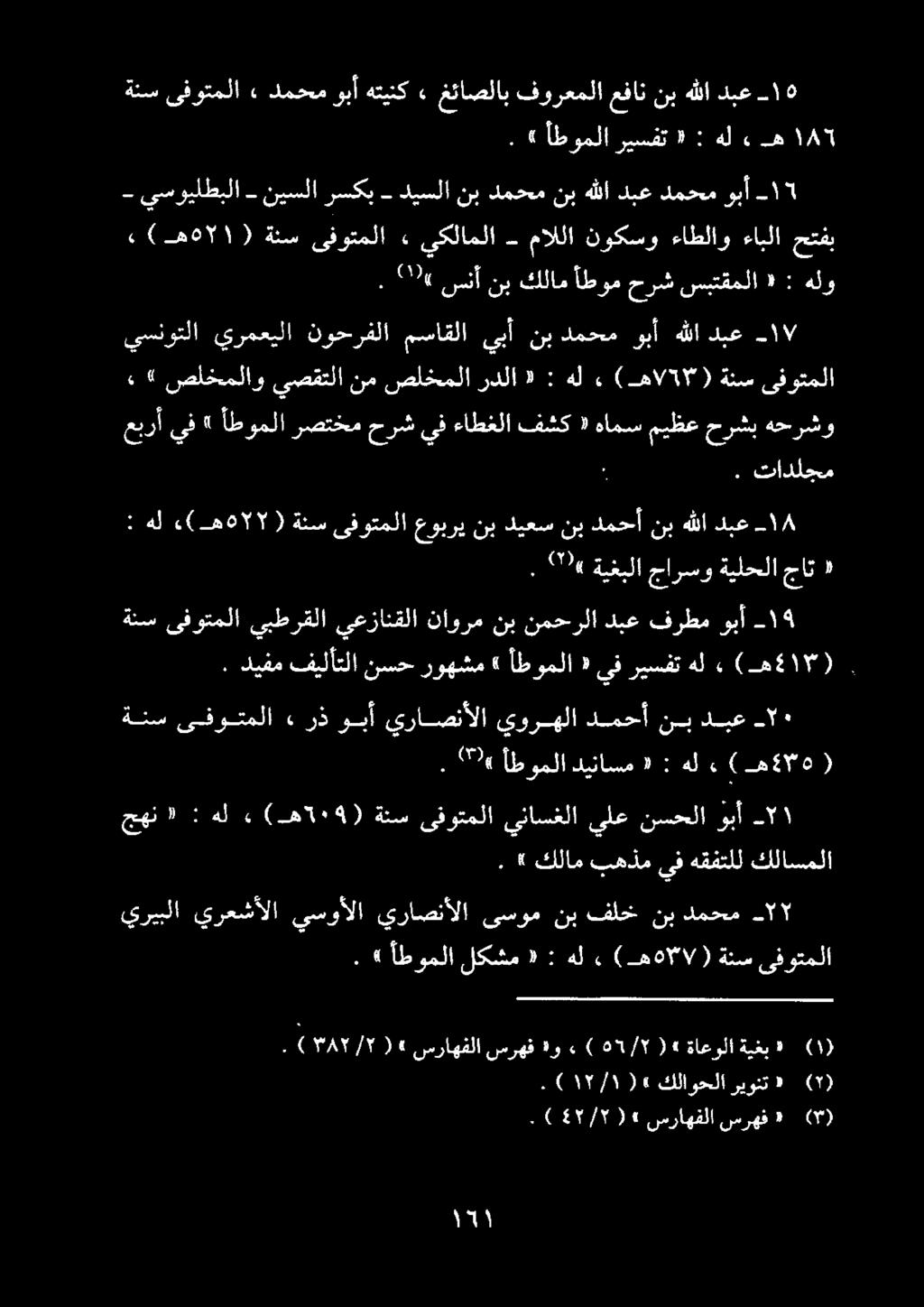 دبع نب ىفوتملا ةنس ه 57 ال),.( هل : «لكشم أطوملا». يريبلا يرعشألا يسوألا يراصنألا ىسوم نب فلخ نب دمحم 1 ىقوتملا ةنس (ه 4٠5 )» هل : «جهن يناسغلا ء(ه 417 ). يفريسفتهل ١ أطوملا» روهشم نسح ديفمفيلأتلا.