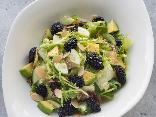 ر 45 734 سعر حراري Blackberries and avocado salad, tahini dressing, cucumber, roasted almonds, and toasted sesame