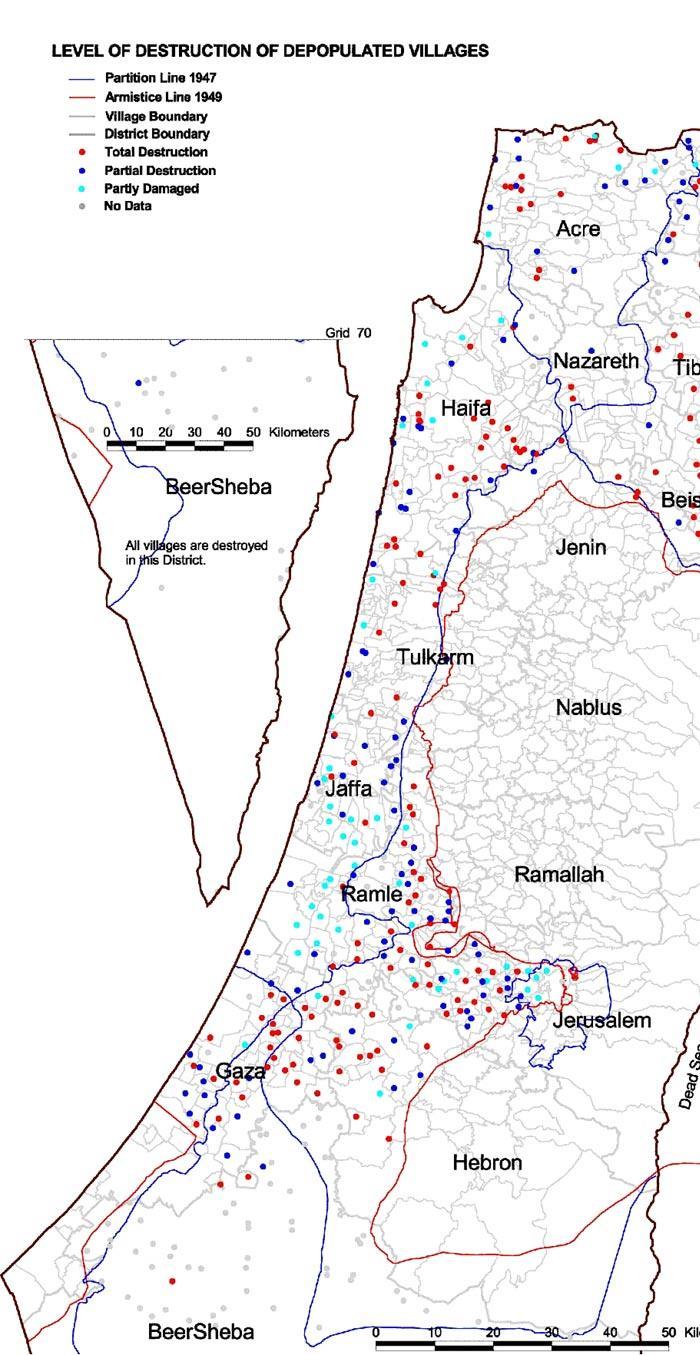 ملحق رقم )3( الخريطة توضح كم الدمار الذي طال القرى الفلسطينية فالنقاط باللون