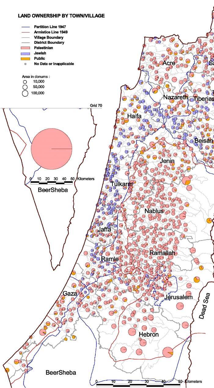 ملحق رقم )4( الخريطة توضح األراضي التي يمتلكها الفلسطينيون واليهود أو تملكها الدولة )القطاع العام( وقت النكبة