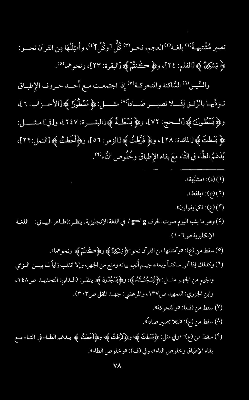 :لشم [يفآو [ 547 :ةرقبلا]# ةط س ب قو 7١ [«:جحلا] # توط سي ة:و «[1 :بازحألا] 6 ارو ط س م 8 :لثم " ادا ص ريصت الكلقف رلاب اهي دؤت قايطإلا فورح دحأ عم تعمتجا اذإ " ةكرحتملاو ةئكا سلا " ني سلاو.