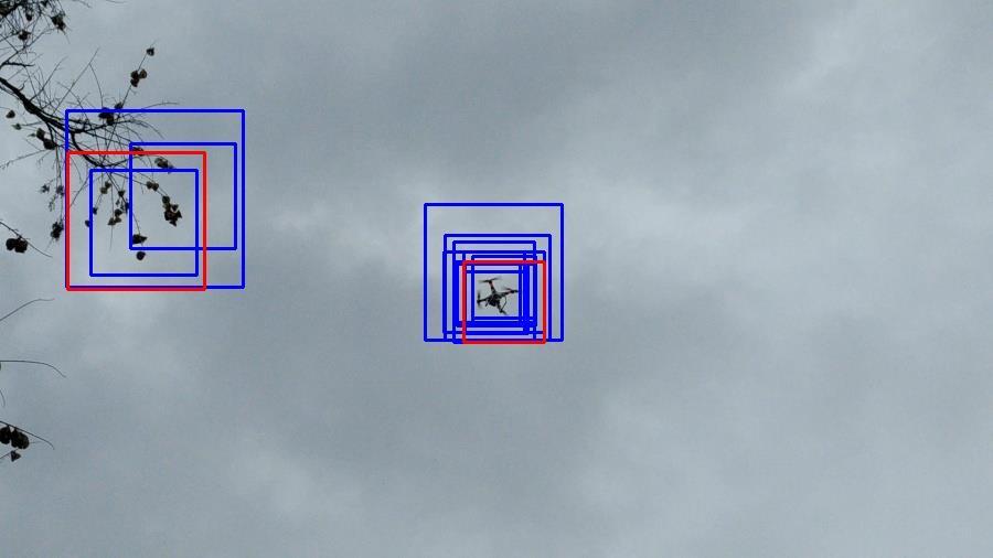 Figure (4.26): UAV redundant detections eliminated by NLMS, red box the final detection box, blue boxes are the original detections by SVM.