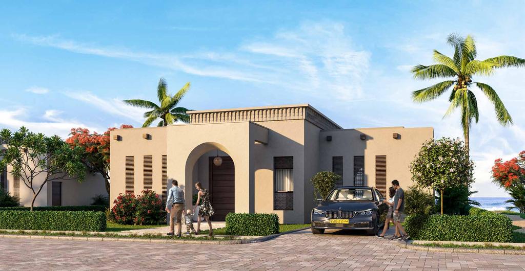 Two bedroom villa, classic facade entrance view الف لل بغرفتي نوم العمارة الكالسيكية ص م م مجتمع ذا بيتش فرونت الراقي على شكل ف لل تعلو فيها الشرفات المفتوحة فتشك ل همزة وصل بين الشاطئ والجبال.