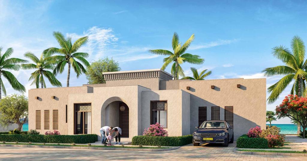 Three bedroom villa, classic facade entrance view الف لل بثاث غرف نوم العمارة الكالسيكية تتأل ف هذه الفلل بعمارتها الكاسيكية من طابق واحد وهي موز عة داخل ذا بيتش فرونت كل واحدة بطابعها