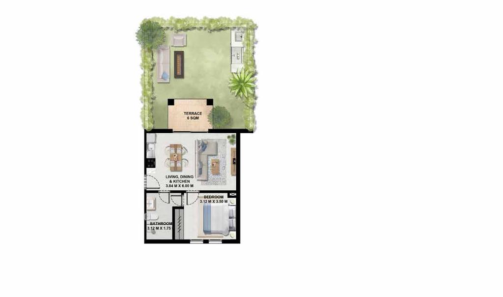 BATHROOM 3.12 M X 1.75 M GARDEN LIVING, DINING & KITCHEN 3.84 M X 6.00 M TERRACE 6 SQM TERRACE 6 SQM BEDROOM 3.12 M X 3.50 M BEDROOM 3.12 M X 3.50 M GARDEN LIVING, DINING & KITCHEN 3.84 M X 6.00 M BATHROOM 3.