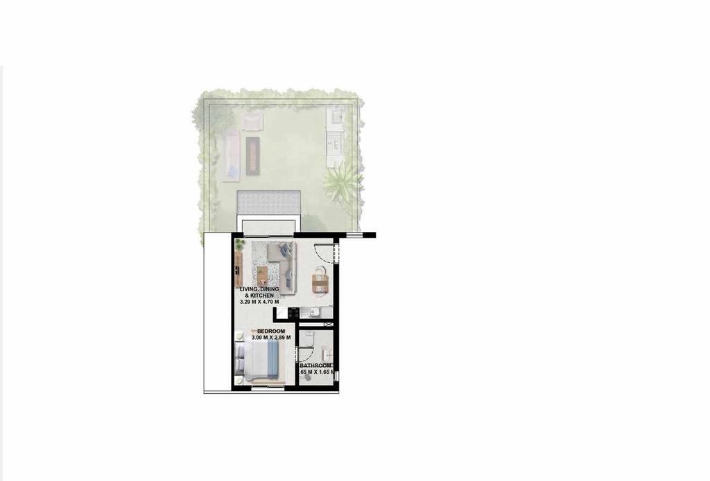 Studio Classic Design GARDEN GARDEN TERRACE 6 SQM TERRACE 6 SQM LIVING, DINING & KITCHEN 3.84 M X 6.00 M LIVING, DINING & KITCHEN 3.84 M X 6.00 M BEDROOM 3.12 M X 3.50 M BEDROOM 3.12 M X 3.50 M BATHROOM 3.