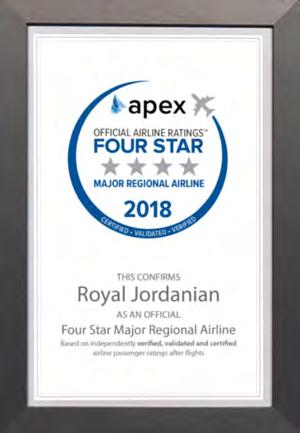 جائزة أفضل شركة طيران إقليمي من APEX العالمية فازت الملكية األردنية بجائزة أفضل شركة طيران إقليمي رئيسية لفئة األربع نجوم والتي منحتها لها مؤسسة خبرات المسافرين العالمية APEX التي تعتمد في تصنيفها