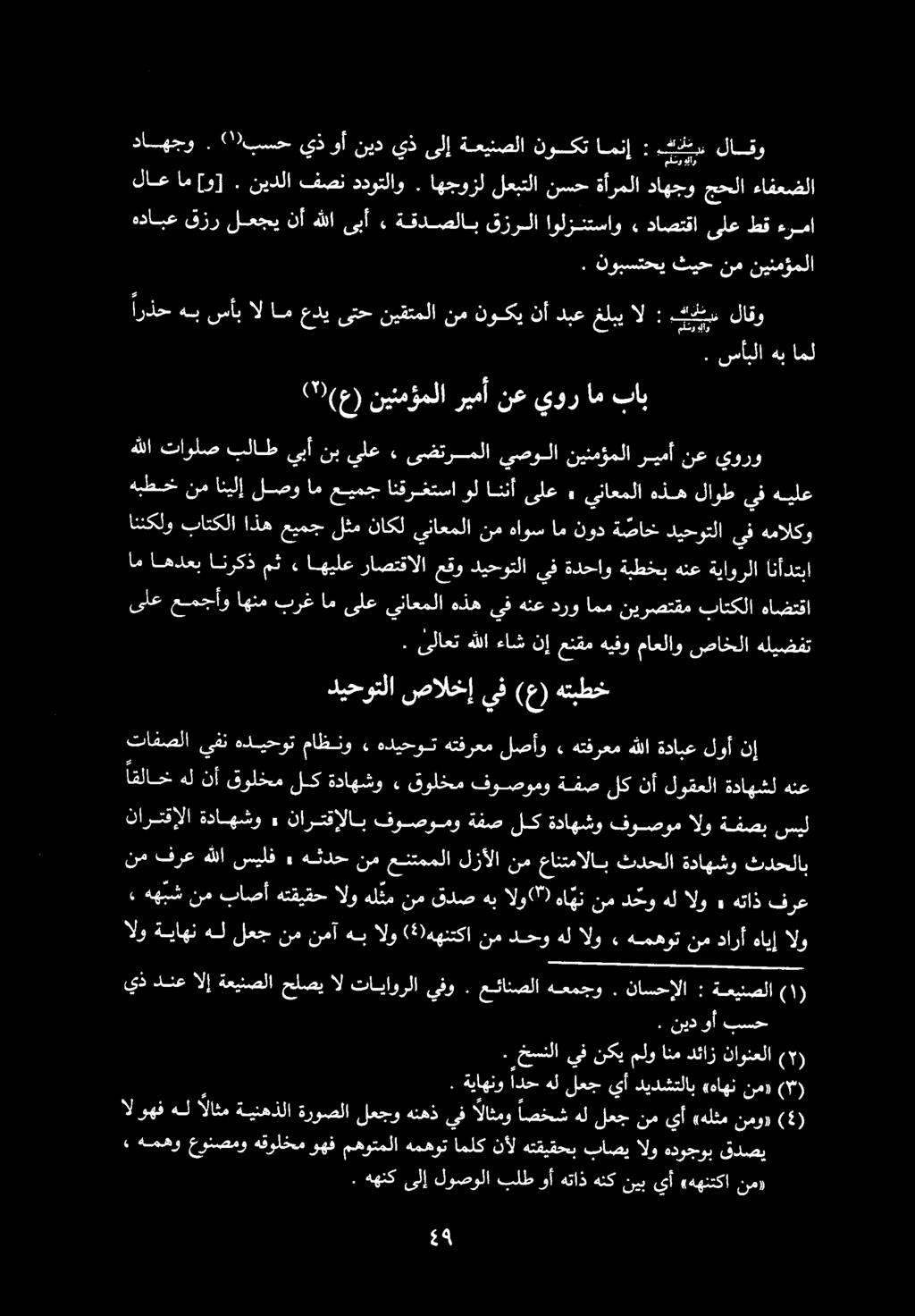 ( 9 (ع) نينمؤملا ريمأ نع يور ام باب هيل ا عيمج انقرغتساولاننأ ىلع» يناعملا هذه لاوطيفهيلع يورو نع ريمأ نينمؤملا يصولا ىضترملا.