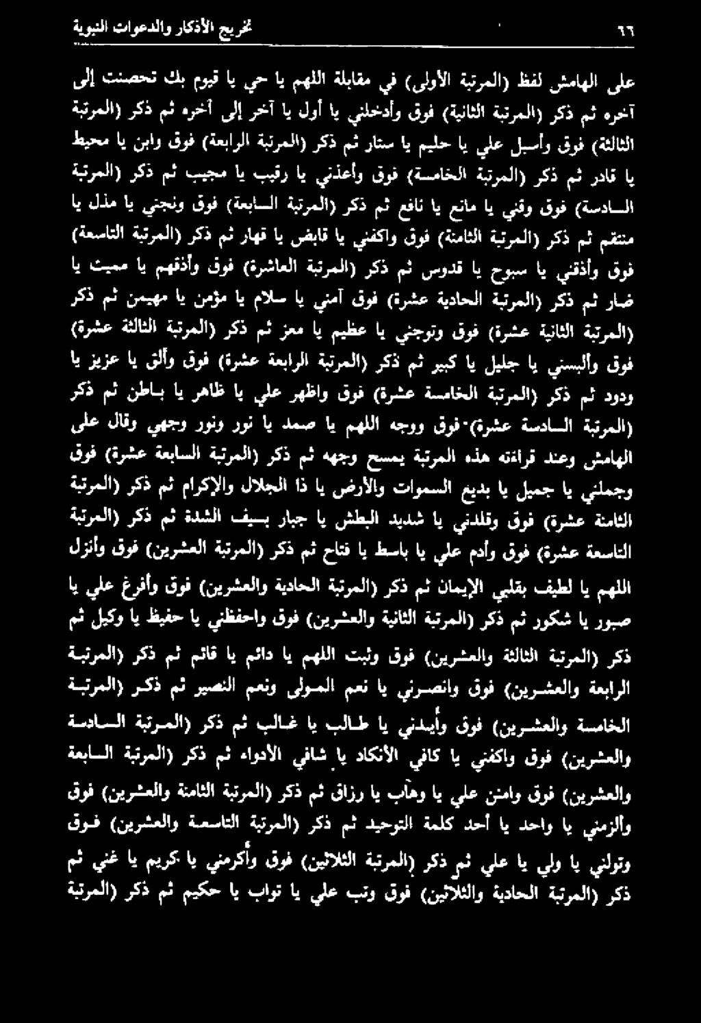 (نيرشعلاو ةثلاثلا ةبترملا) ركذ ركذ مث نطاب اي رهاظ اي يلع رهظاو قوق (ةرشع ةسماخلا ةبترملا) ركذ مث دودو ىلع لاقو يهجو رونو رون اي دمص اي مهللا هجوو قوف-(ةرشع ةسدالا ةبترملا) اي ثيمم اي مهقذأو قوف