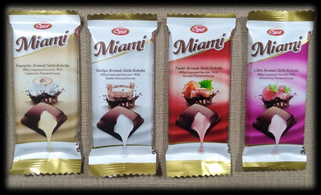 Miami Tablet Chocolate Filled with Cream (Strawberry, Hazelnut, Cappuchino, Vanilia) 45GRx24x6 0,014: المتر المكعبCBM