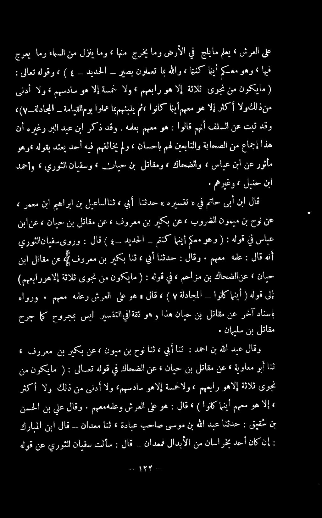 فورعم نب'ريكبانث» يبأ انثدح : لاقو ٠ مهعم هملع : لاق هنأ يروثلانايفسىورو : لاق ) «_ ديدحلا - متنك امنيأ ٠ +وهو ( : هلوقيفسابع نع حون نب نوهيم بورغلا» نع ريكب نب فورعم» نع لتاقم نب نايح» نع نبا» رمعم