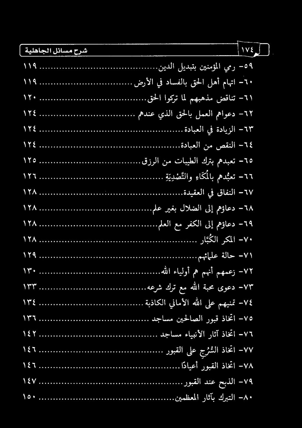 ماهتا - 11 ما وو اواو ولا ا نيدلا ليدبتب نينمؤملا يعر -4 ةيلهاجلا لئاسم حرش ا روبقلا ىلع ج ر سلا ذاخما -ا/ا/ 110 ا دجاسم ءايبنألا راثآ ذاخما -ا/ 5 1 ل دجاسم نيحلاصلا روبق ذاخما -اه 111 مما وو ا لا و