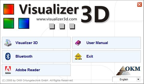 2. شاشة البدء OKM ضع القرص المضغوط المحتوي على برنامج Visualizer 3 D في قارئ القراص في الكمبيوتر وانتظر حتى ظهور شاشة البدء التي تراها في الرسم 1.
