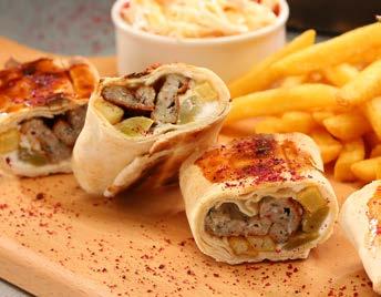 Shish Taouk Boneless Chicken Cubes Marinated in a Special Blend rolled in Lebanese Bread served with French Fries, Cucumber Pickles, Garlic, and Coleslaw Salad.