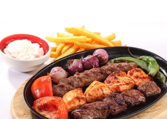 كباب حلم Meat Kabbab كباب دجاج Chicken Kabbab Bistro Mix Grill Tikka, Shish Taouk, Meat Kabab and Grilled Vegetables, served with French Fries. 5.