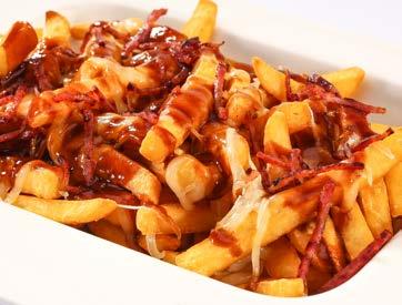 Poutine Savory French Fries, Smoky Gravy Sauce, Loaded with Crispy Turkey Bacon, and Cheddar
