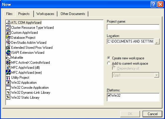أنواع المشاريع: PROJECTS Database Project MFC ActiveX ControlWizard (ocx) MFC AppWizard (dll) MFC AppWizard (exe) Utility Project Win32 Application Win32 Console Application المشروعات قواعد بيانات