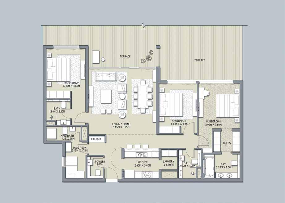 3CT 3D 3 Bedroom 3 Bedroom Units B2-101 Units B2-908, B2-1008, B2-1108, B2-1208, B2-1308 Level 01 Level 09 TO LEVEL 13 Sellable Area Sqm. Sqft. Suite Area 155.90 1678.10 Terrace Area 221.40 2383.