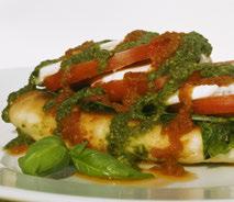 .36 Ciabatta bread topped with rocket leaves, fresh sliced tomatoes & mozzarella, drizzled with pesto Genovese and pesto rosso بروشيتا