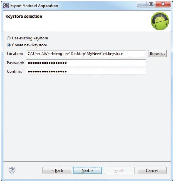 شكل 10.3: إنشاء الشهادة الرقمية لتوقيع التطبيق ضمن مربع الحوار الذي يظهر )أنظر شكل 10.4( أدخل اسم للمفتاح السري private key المستخدم ضمن الشهادة Certificate كذلك أدخل كلمة مرور لحفظه.